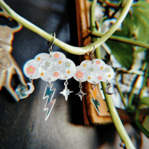 boucles oreilles nuages éclair et fleurs